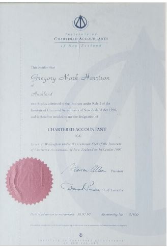 Greg Harrison — Chartered Accountant certificate