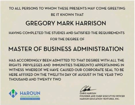 Greg Harrison — Master of Business Administration