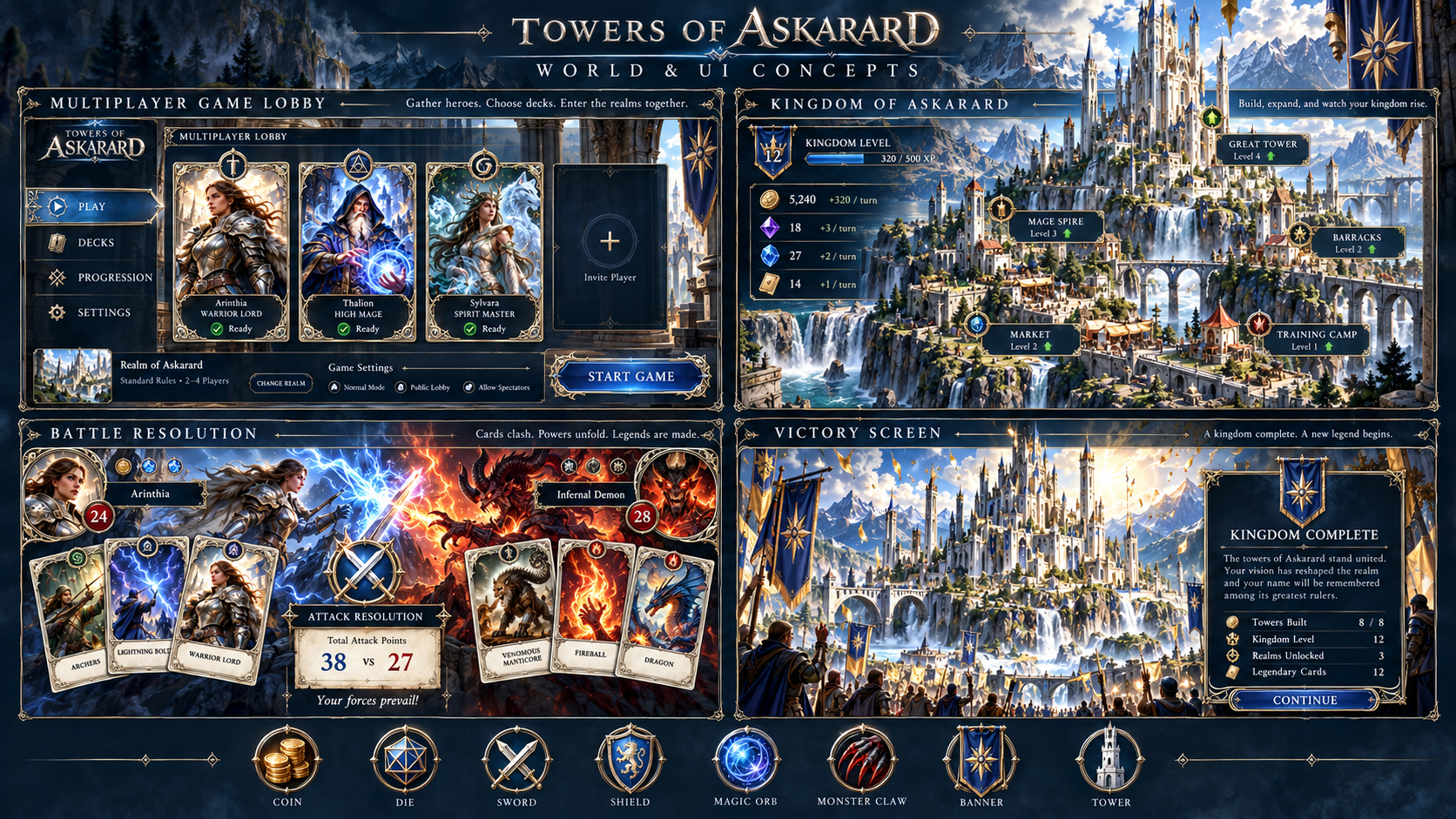Towers of Askarard fantasy card game artwork featuring heroes, cards and a mountain kingdom